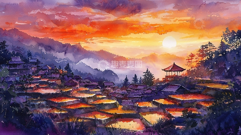 高清大图下载【趣麦麦图】山间村落日落美景