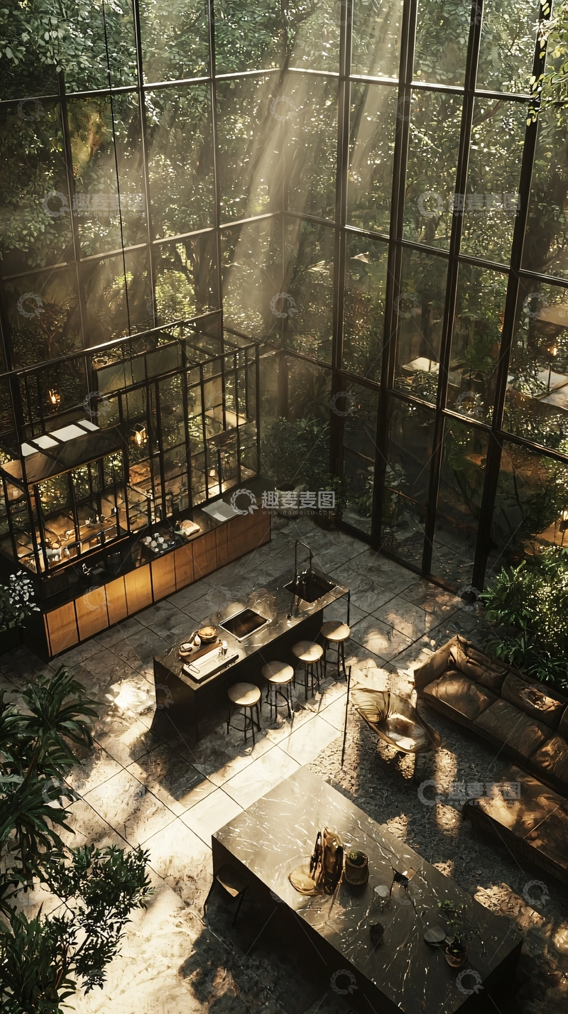 高清大图下载【趣麦麦图】阳光透过玻璃房洒进室内