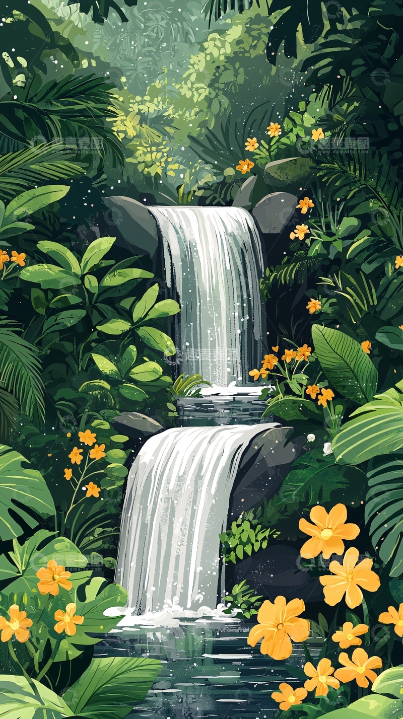 高清大图下载【趣麦麦图】郁郁葱葱的森林瀑布