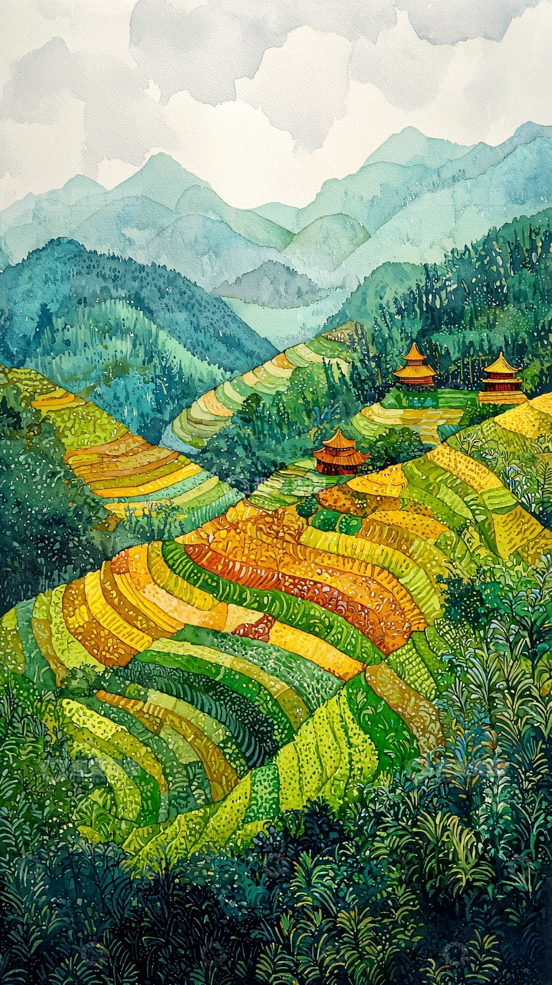 高清大图下载【趣麦麦图】水彩风格的梯田风景画