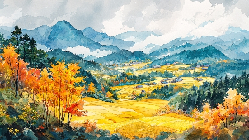 高清大图下载【趣麦麦图】水彩秋景山峦田野