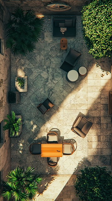 阳光洒在庭院里的石板路上