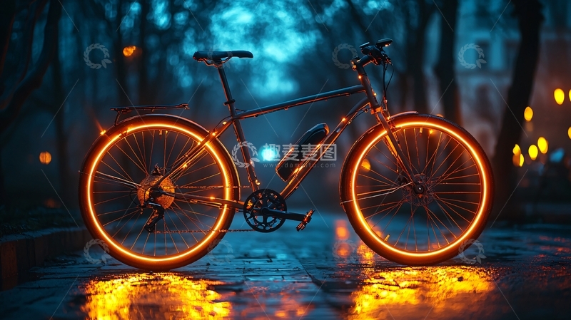 高清大图下载【趣麦麦图】夜晚霓虹灯下的自行车