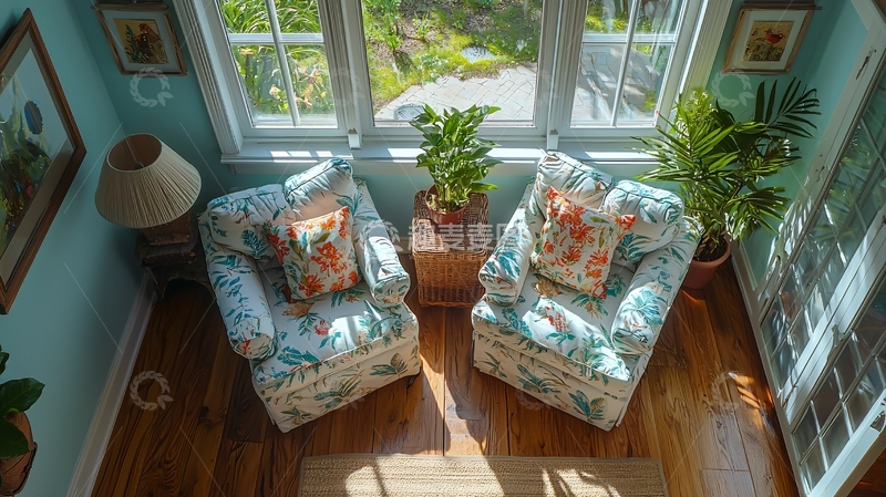 高清大图下载【趣麦麦图】蓝绿色墙壁房间俯瞰图