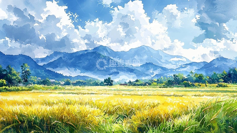 高清大图下载【趣麦麦图】蓝天白云下的金黄稻田与山峦