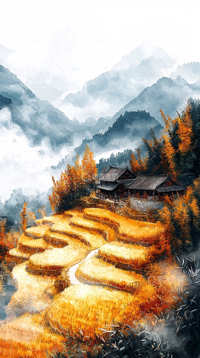 高清大图下载【趣麦麦图】梯田上的房屋