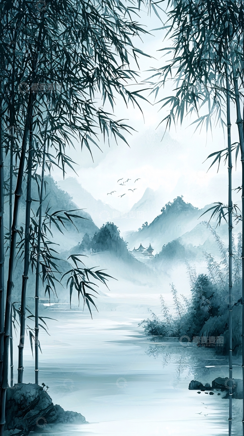 高清大图下载【趣麦麦图】水墨风竹林山水意境图
