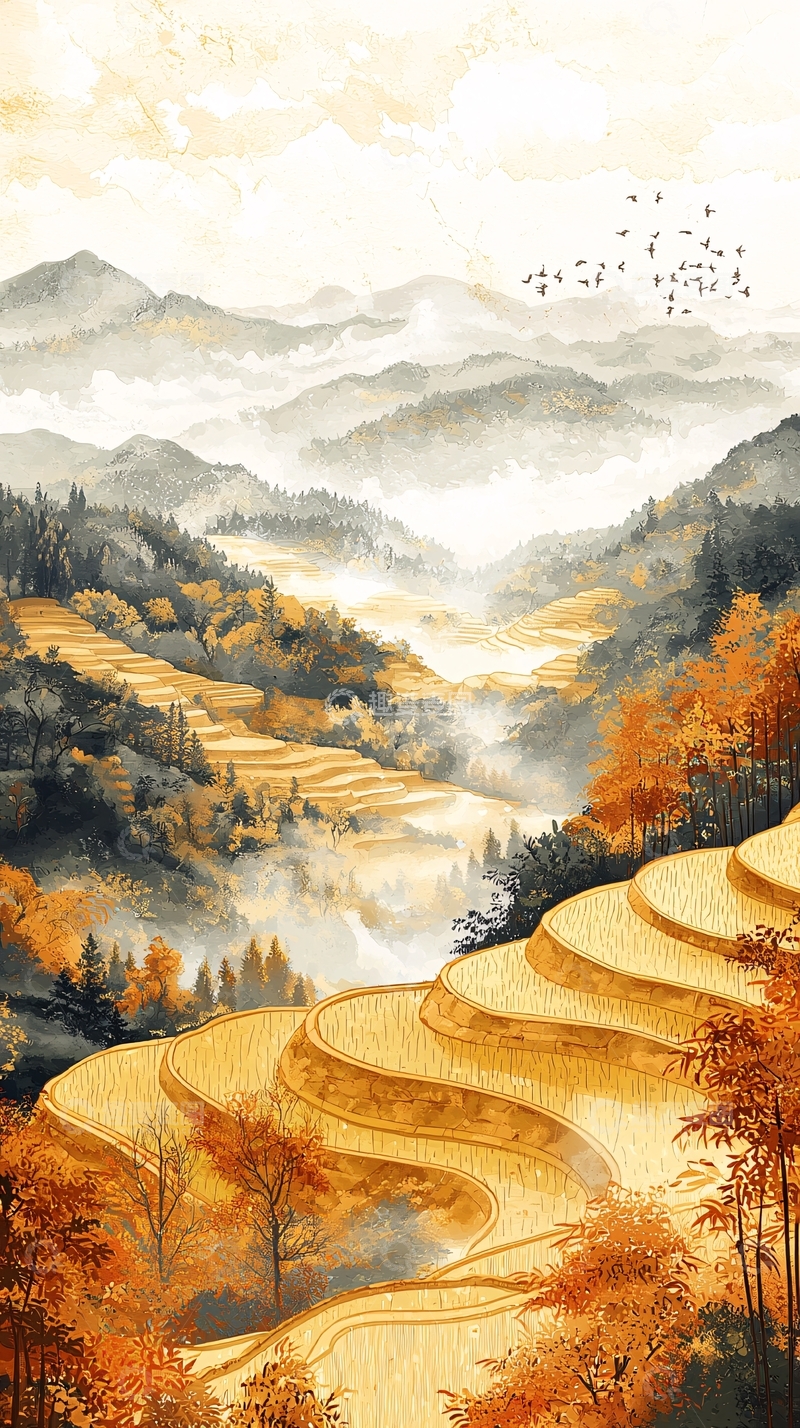 高清大图下载【趣麦麦图】秋色梯田水墨山水画