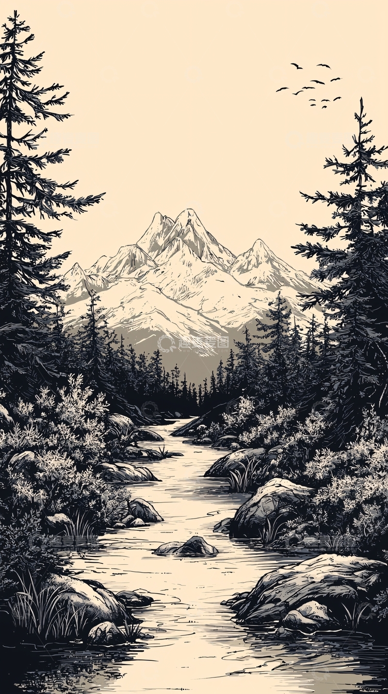 高清大图下载【趣麦麦图】山水河流森林黑白素描风格