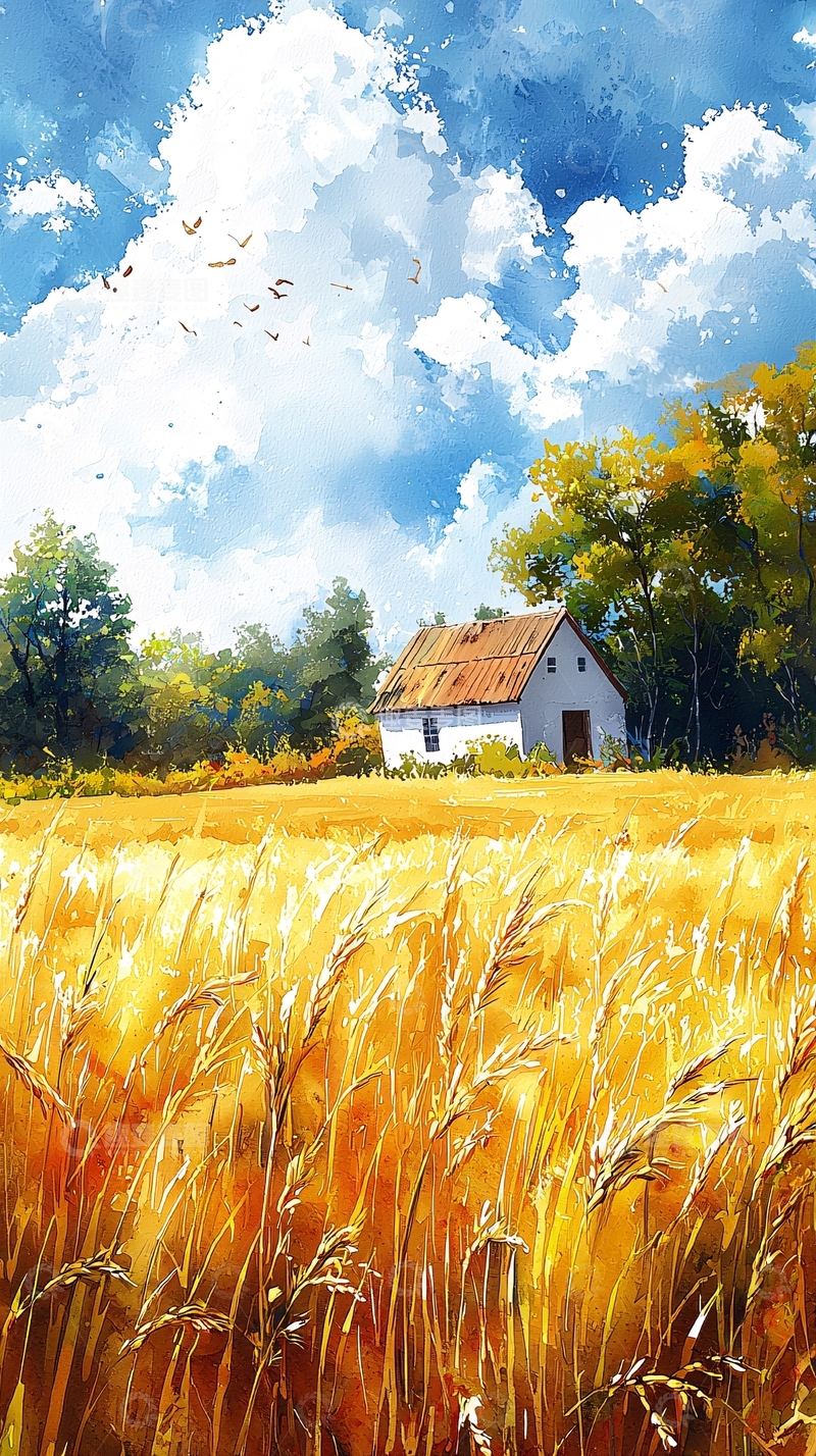 高清大图下载【趣麦麦图】金黄麦田中的小屋