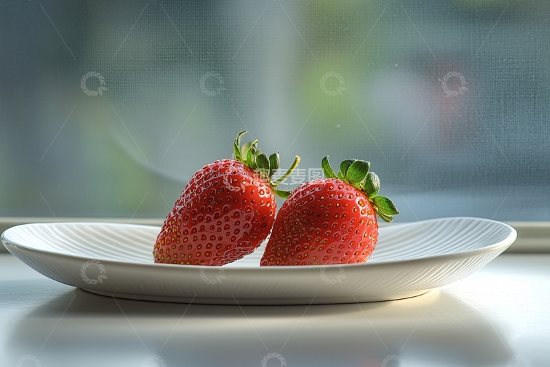 高清大图下载【趣麦麦图】两颗草莓在白色盘子里