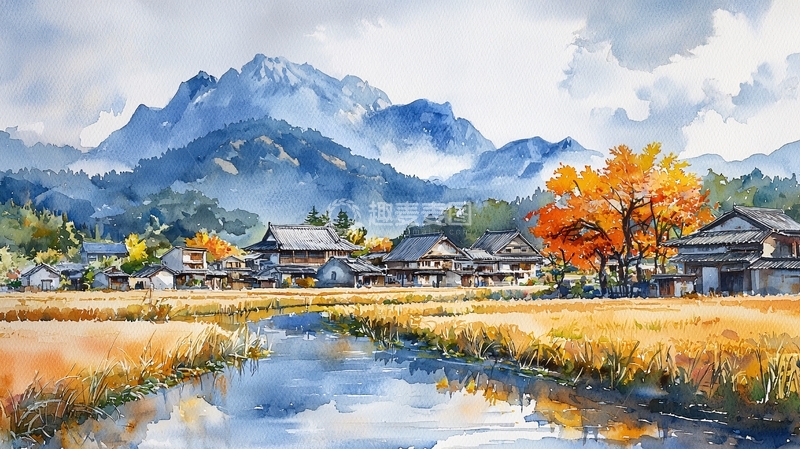 高清大图下载【趣麦麦图】水彩山村秋色图