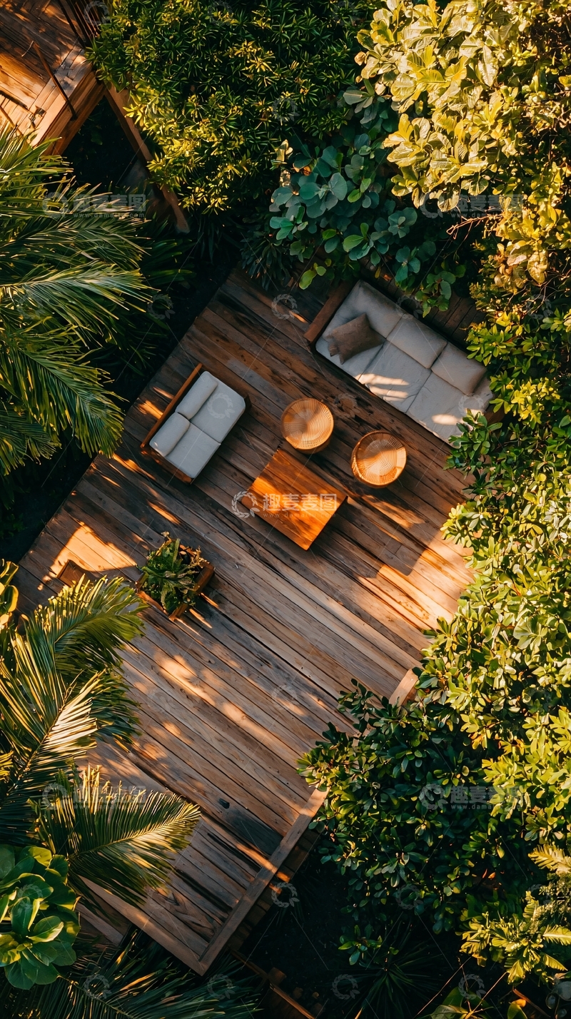 高清大图下载【趣麦麦图】高空俯瞰木质露台花园
