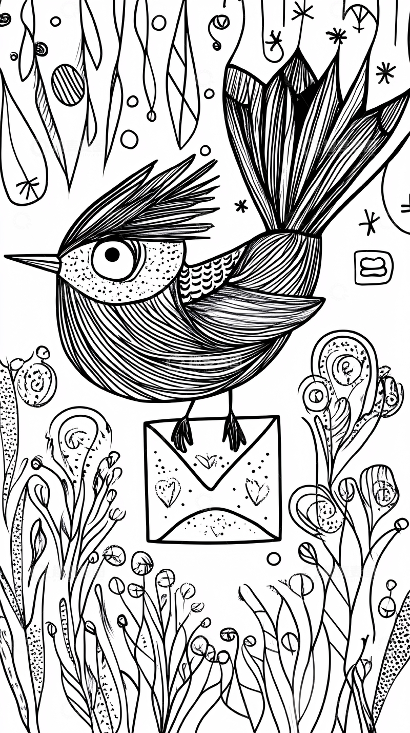 高清大图下载【趣麦麦图】黑白线描风格小鸟信件插画