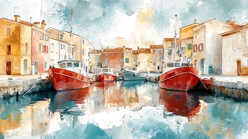 水彩风格的港口小镇风景