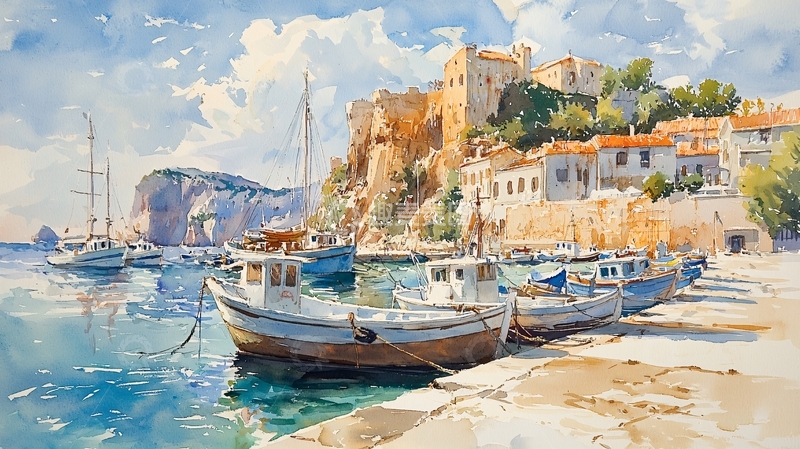 高清大图下载【趣麦麦图】海边小镇的渔船水彩画