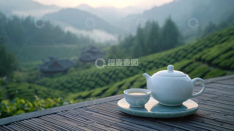 高清大图下载【趣麦麦图】茶壶茶杯置于山林前