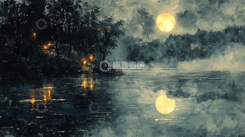 高清大图下载【趣麦麦图】月夜湖边树影婆娑倒影