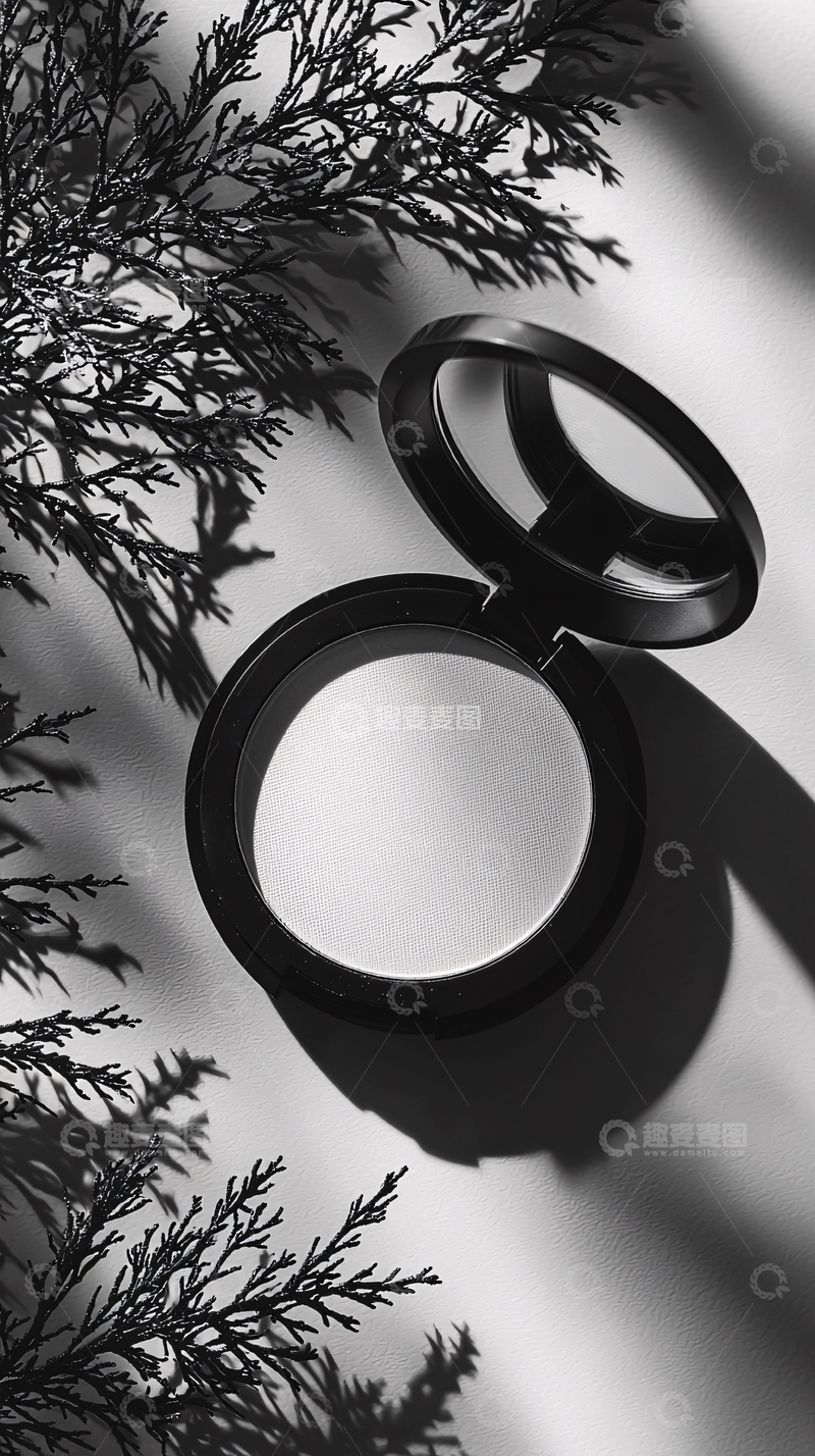 高清大图下载【趣麦麦图】黑白化妆粉饼与植物阴影