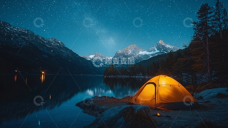 高清大图下载【趣麦麦图】星空下湖边帐篷