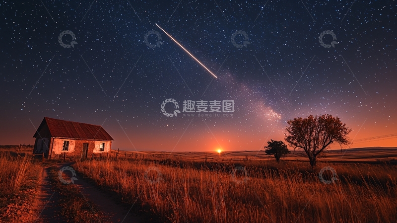 高清大图下载【趣麦麦图】流星划过星空下的乡村小屋