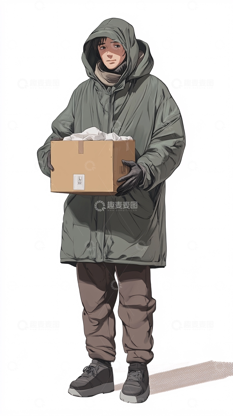 高清大图下载【趣麦麦图】穿着厚外套抱着纸箱的年轻人
