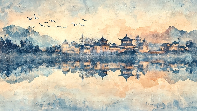 高清大图下载【趣麦麦图】水墨风格山水村落倒影