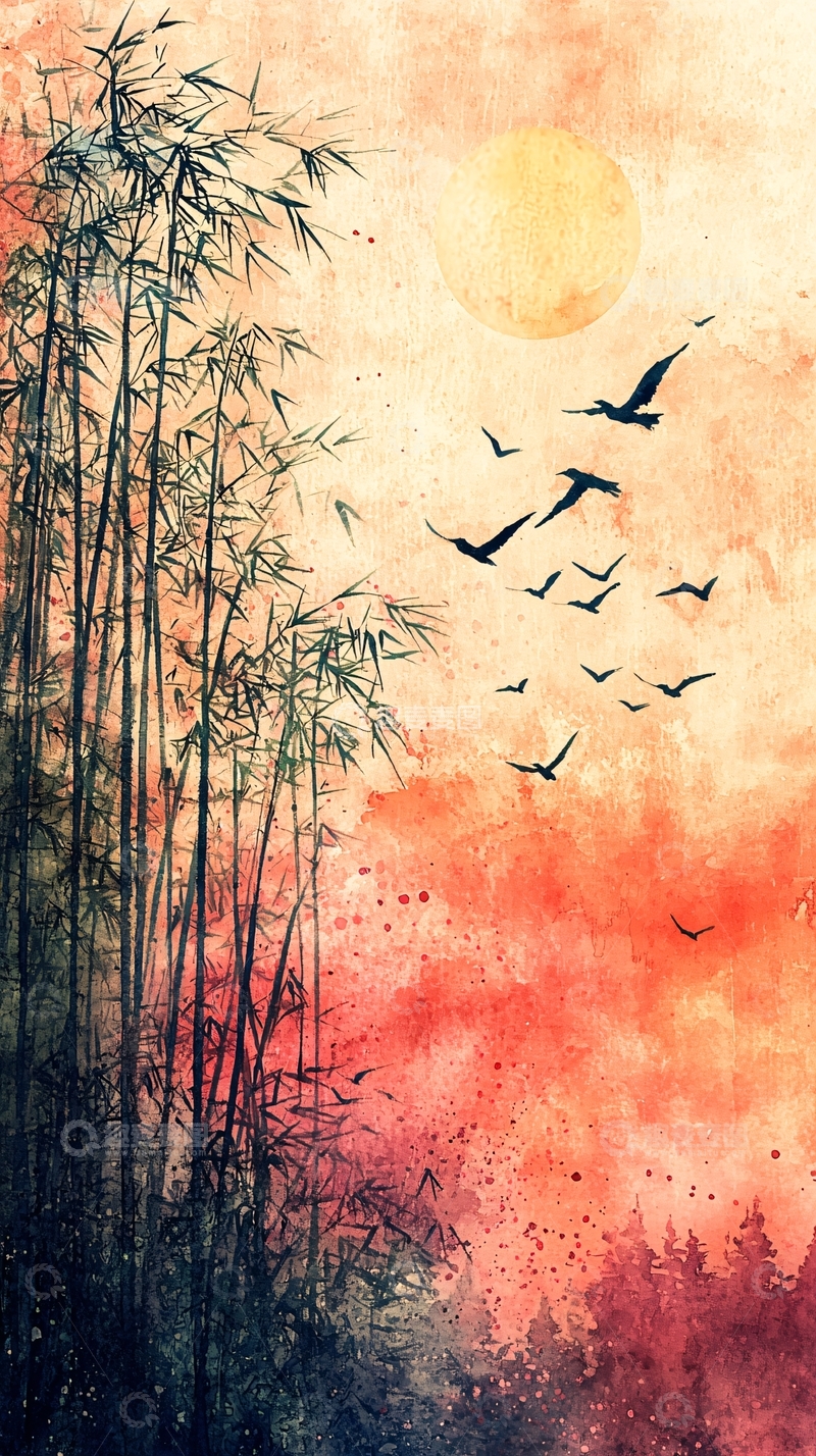 高清大图下载【趣麦麦图】竹林飞鸟日落的意境画