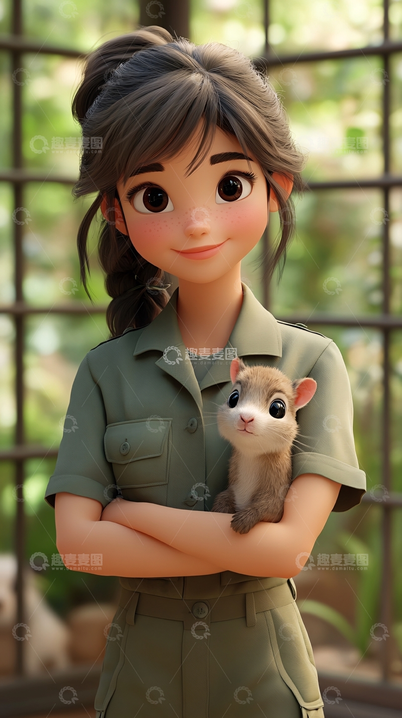 高清大图下载【趣麦麦图】可爱卡通女孩抱松鼠