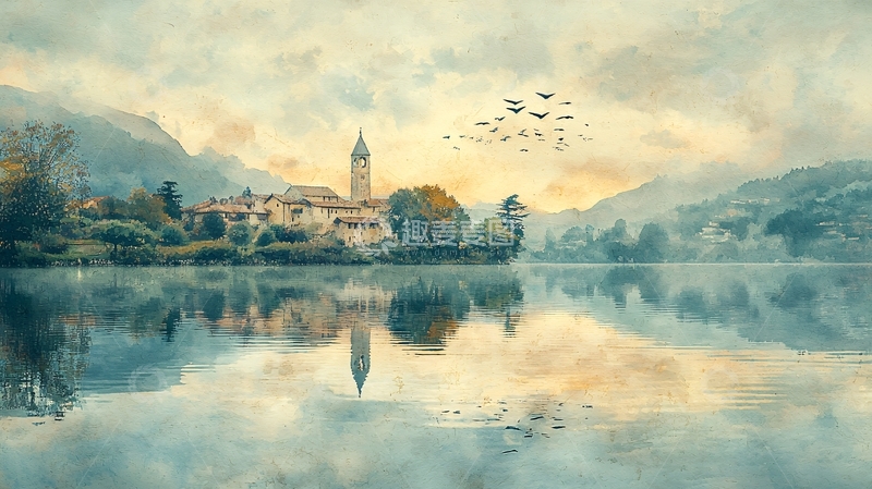 高清大图下载【趣麦麦图】清晨湖边小镇