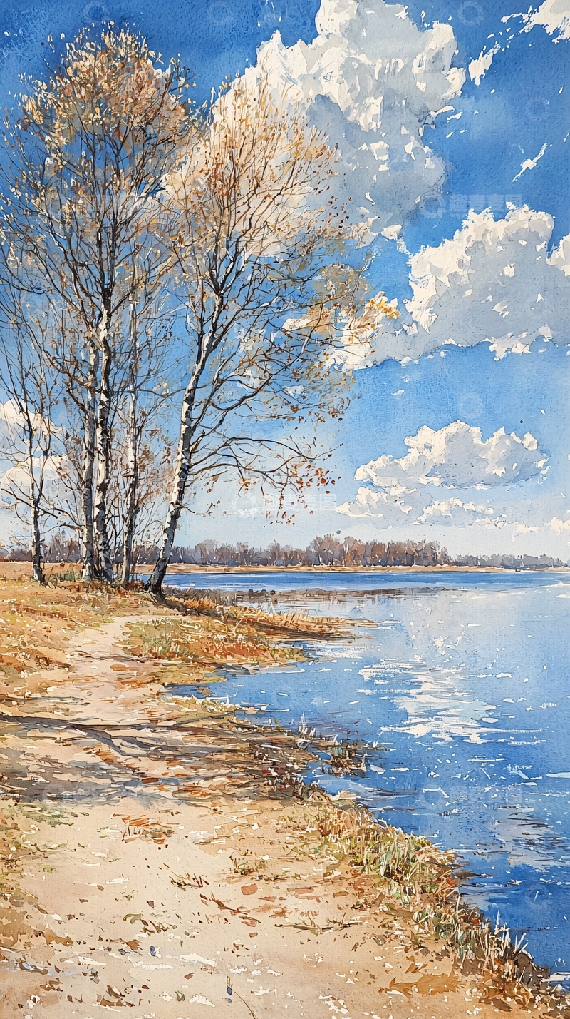 高清大图下载【趣麦麦图】秋日湖边白桦树