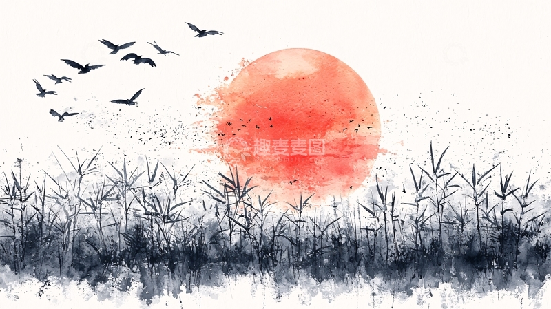 高清大图下载【趣麦麦图】水墨风日出飞鸟芦苇