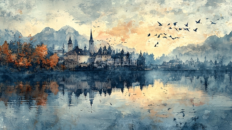 高清大图下载【趣麦麦图】湖边小镇水彩画