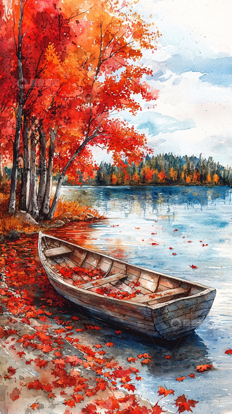高清大图下载【趣麦麦图】秋日湖边小舟