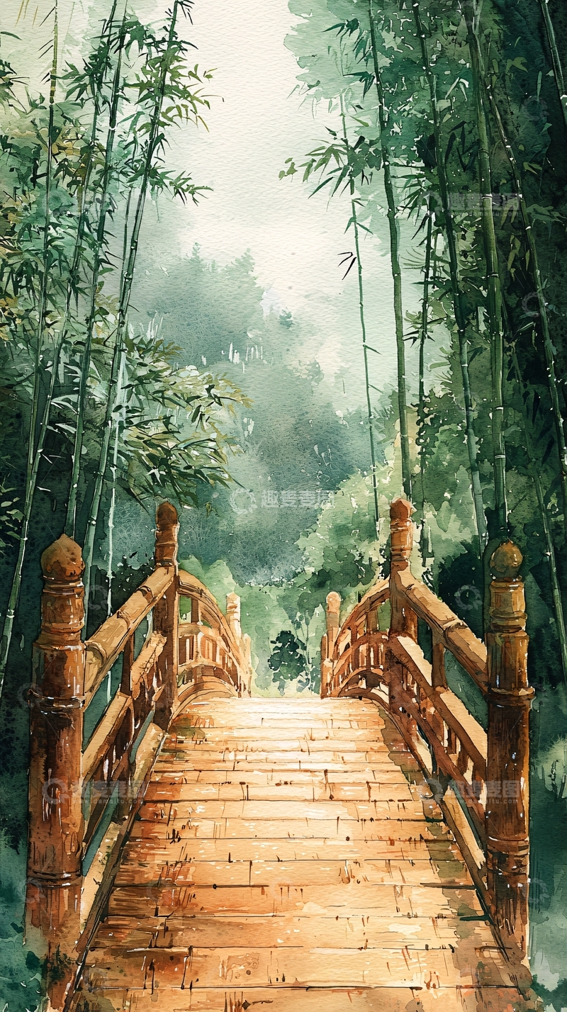 高清大图下载【趣麦麦图】水墨竹林小桥