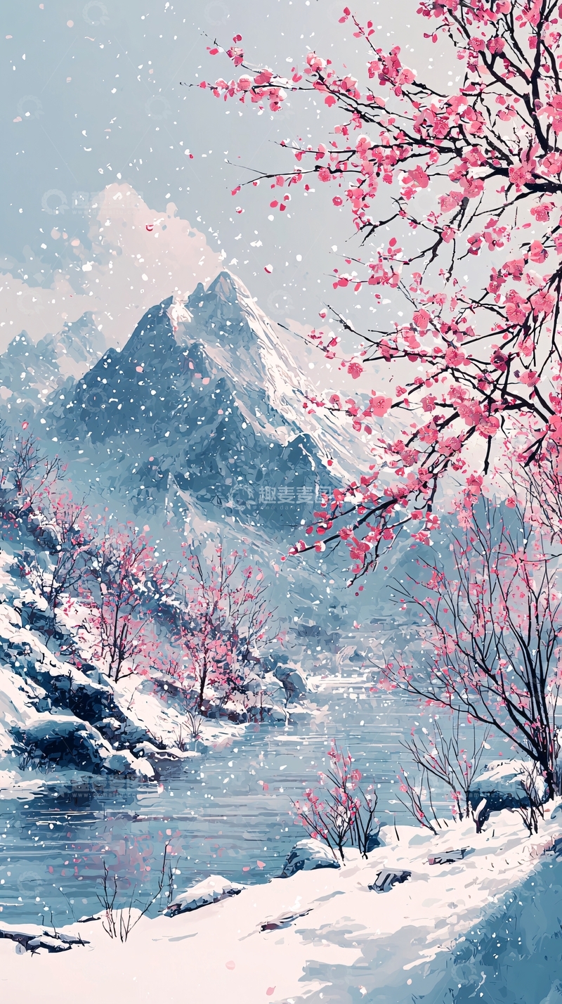 高清大图下载【趣麦麦图】雪山粉樱