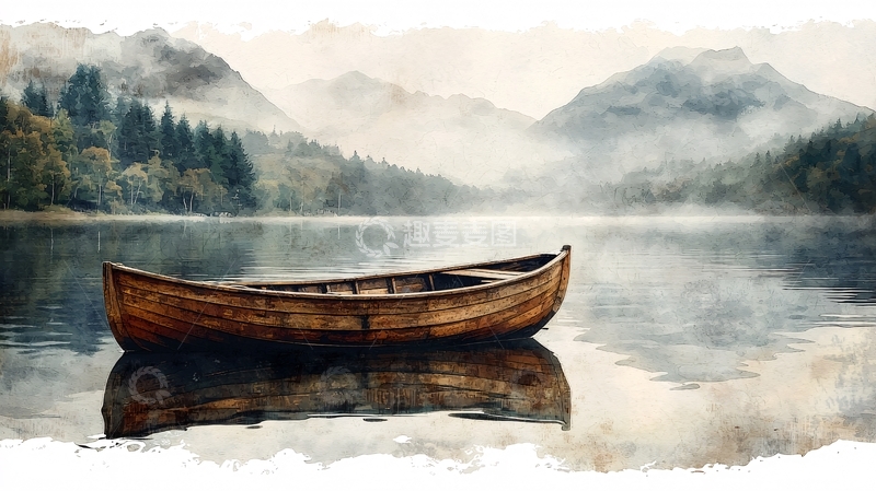 高清大图下载【趣麦麦图】雾气山湖独木舟