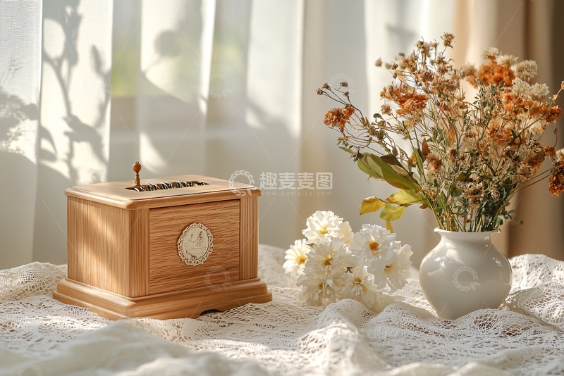 高清大图下载【趣麦麦图】木质音乐盒与花束的静物