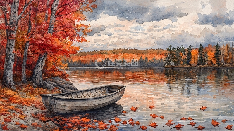 高清大图下载【趣麦麦图】秋日湖边小舟