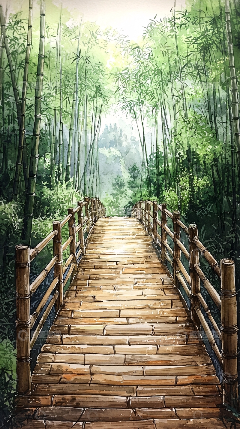 高清大图下载【趣麦麦图】竹林中的木桥通向远方