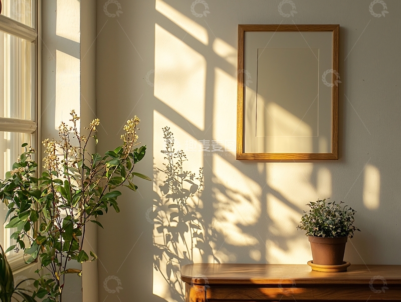 高清大图下载【趣麦麦图】阳光洒在墙上画框