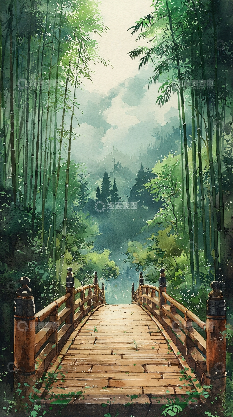 高清大图下载【趣麦麦图】水墨画风格竹林小桥