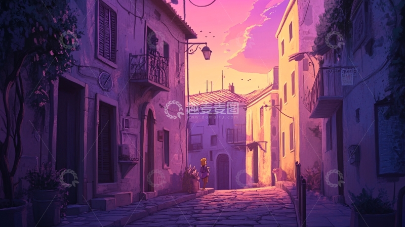 高清大图下载【趣麦麦图】唯美紫色街道黄昏