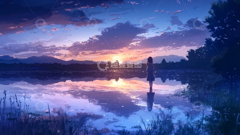 高清大图下载【趣麦麦图】唯美日落女孩湖边