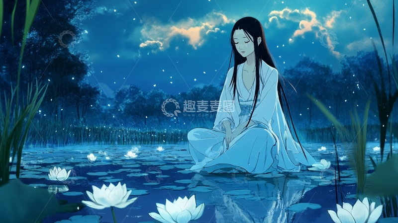 高清大图下载【趣麦麦图】蓝衣女子静坐荷塘
