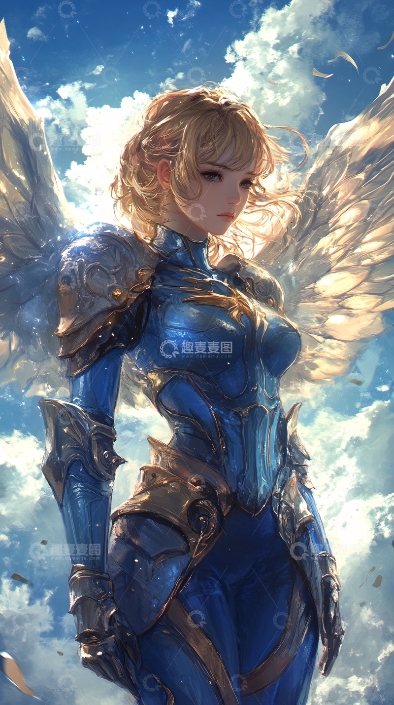 高清大图下载【趣麦麦图】蓝发金甲天使少女