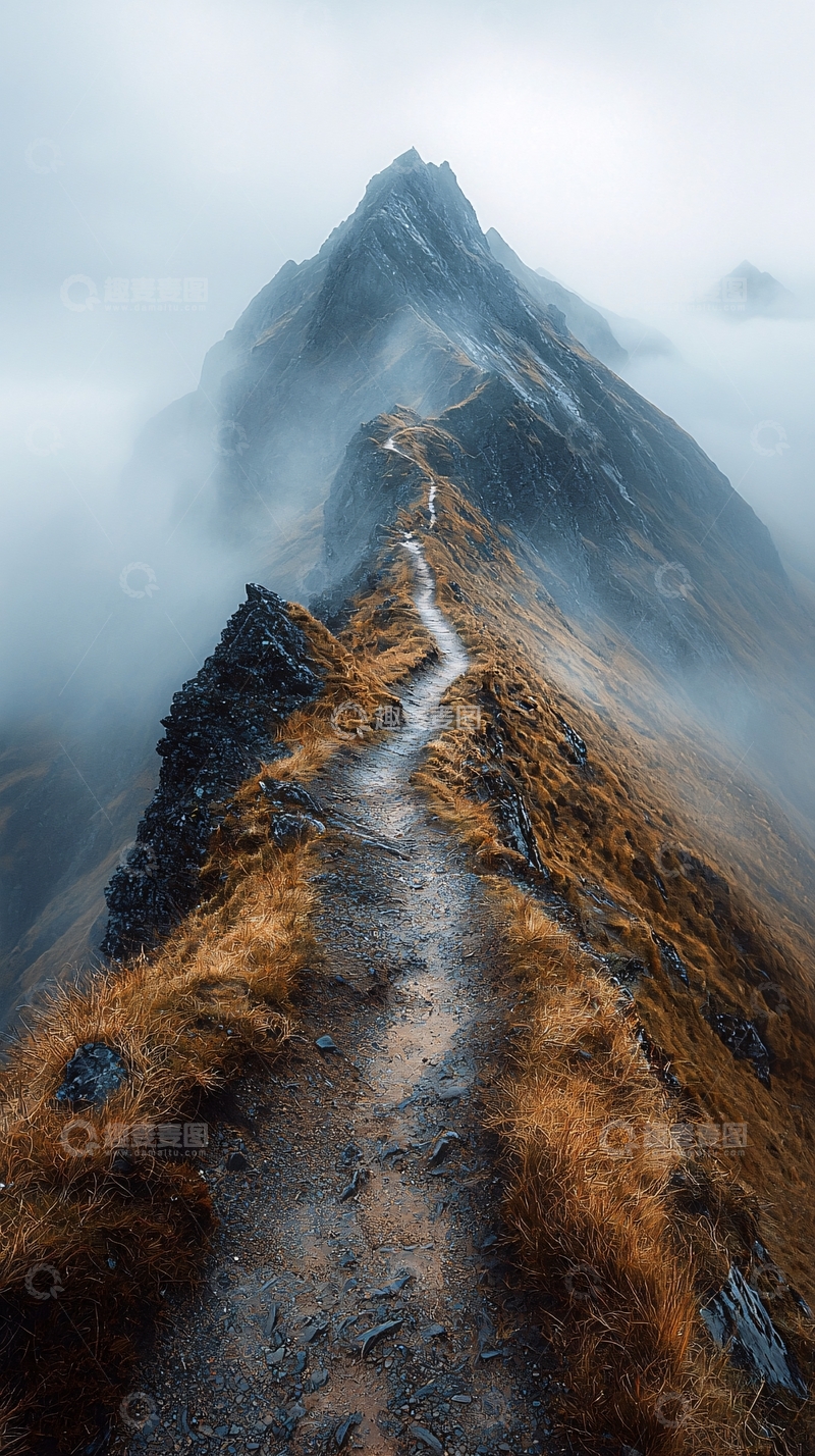 高清大图下载【趣麦麦图】山脊小路云雾缭绕