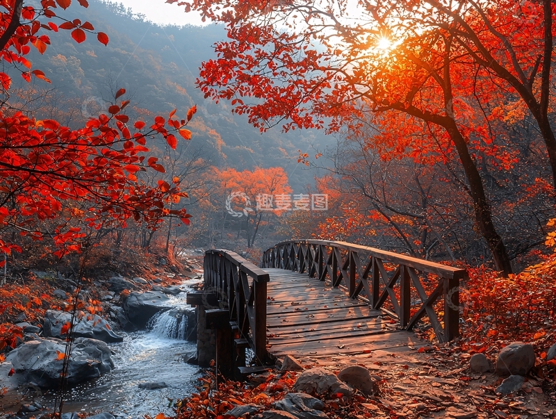 高清大图下载【趣麦麦图】秋日红叶小桥流水
