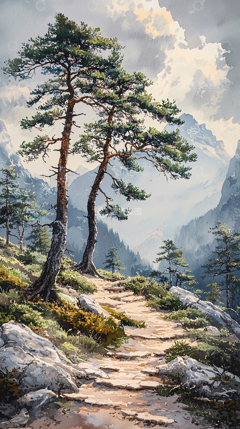 高清大图下载【趣麦麦图】山间小路松树风景