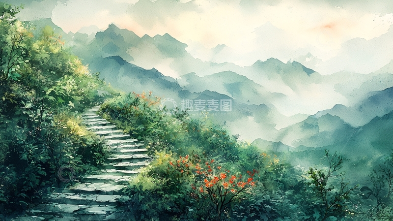 高清大图下载【趣麦麦图】山间小路通向云雾缭绕的山峰